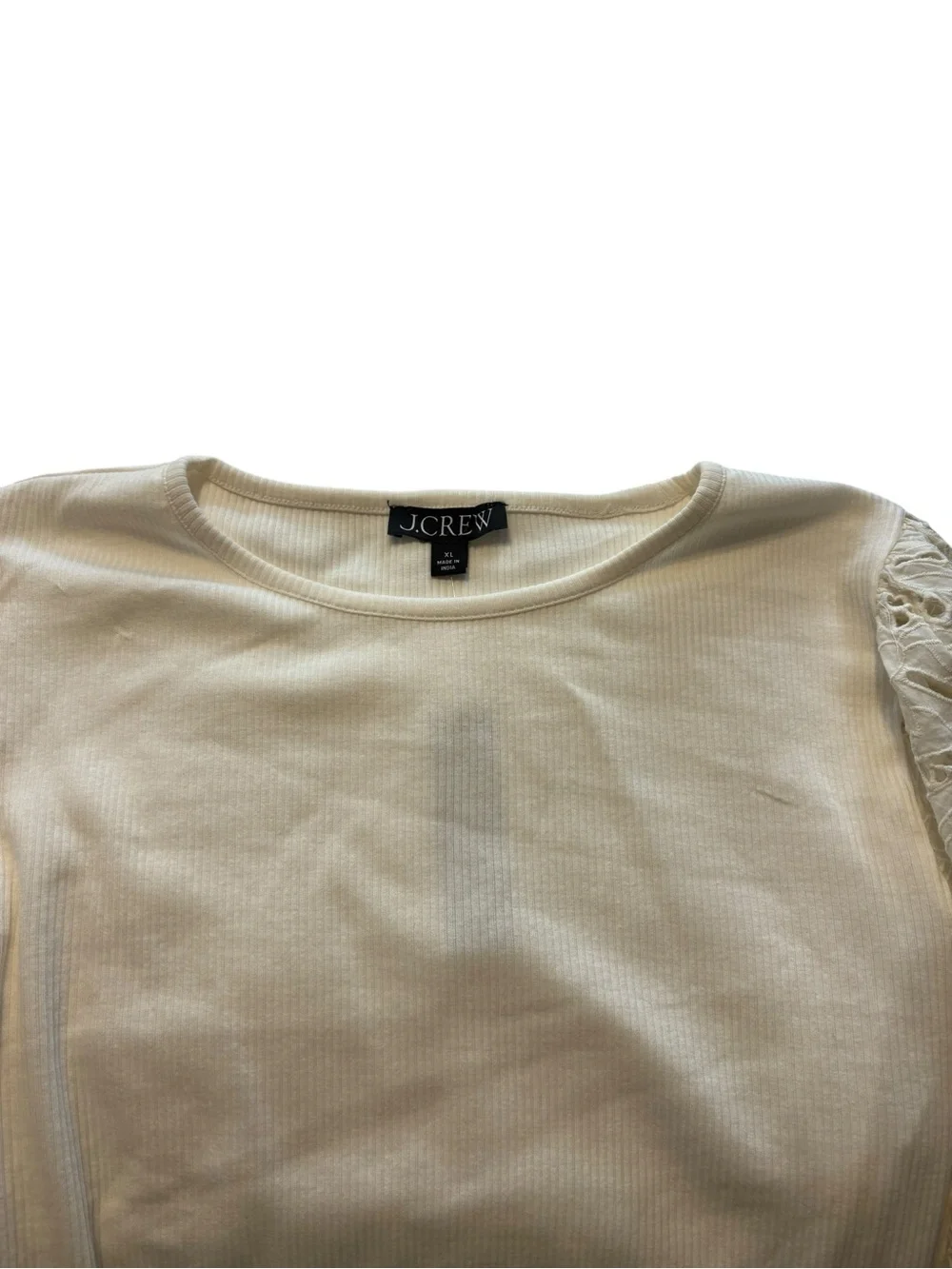 J. Crew Vintage Rib Top with Cotton Poplin Eyelet Sleeve XL Cream Office NWT